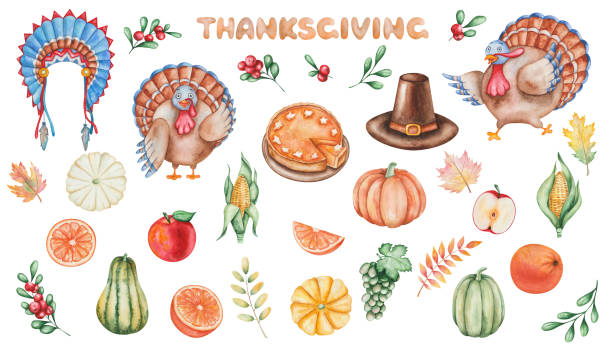 sammlung von traditionellem thanksgiving-essen: cranberry, apfelfrüchte, trauben, kürbisse, orangen, mais. pilgerhut, vogeltruthahn, indischer kopfschmuck, kürbiskuchen. handgemalte aquarellillustration - thanksgiving symbol turkey apple stock-grafiken, -clipart, -cartoons und -symbole