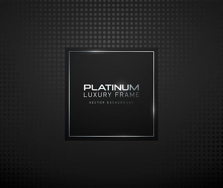 Black square with platinum thin frame luxury banner. Silver text on black square label frame. Dark geometric dots pattern background. Black friday vector illustration.