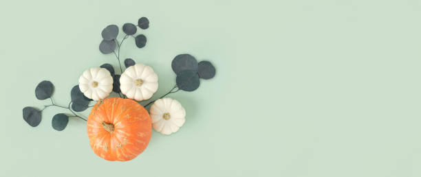 istock Autumn composition. Green desk with pumpkins and eucalyptus branch. Flat lay, top view, copy space. Nordic, hygge, cozy home concept. Thanksgiving fall decoration. Halloween Modern Invitation Mock up. 1421565442