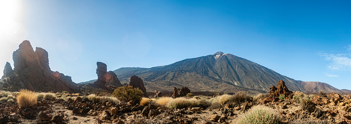 Panoramic view of the Teide volcano together with a famous rock formation in Tenerife, Spain.