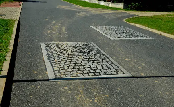 in the middle of the road leading to the residential area, the police and the traffic office installed cobblestone retarder. raised square made of rubber beveled on sides, bumpy, two, paving