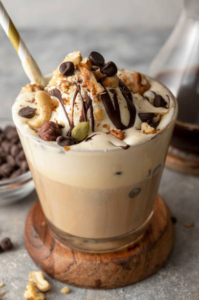 istock Coffee and ice crem with chocolate and coffee beans in glass, copy space 1421570005