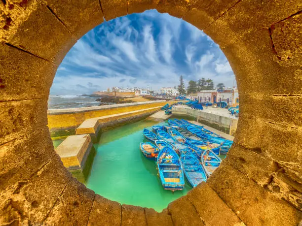 Landscape with old fortress and fishing port of Essaouira city, Morocco