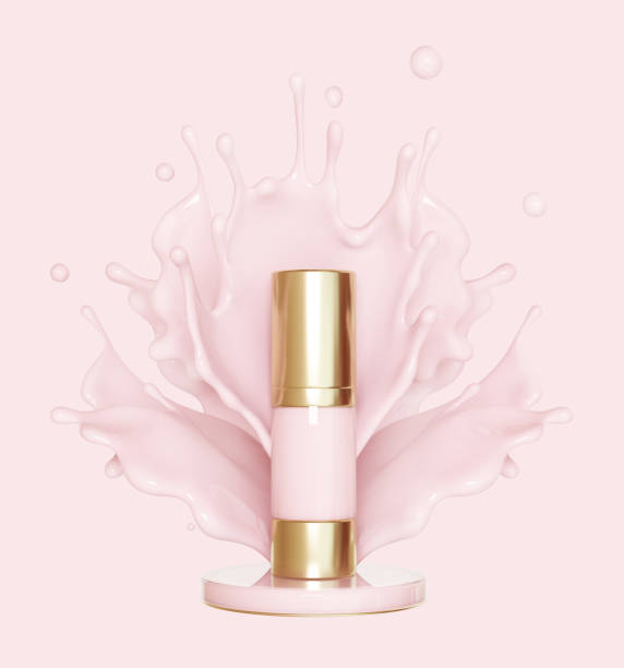 istock Pink make up liquid foundation cream cosmetics bottle on splashing cosmetic liquid, advertising. Moisturizing toner, Isolated, 3d rendering; 1421570184