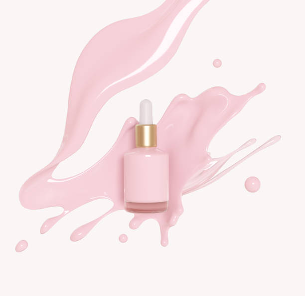 istock Moisturizing bottle. Liquid makeup foundation bottle with cosmetic cream splash. Cosmetic product template. Dropper for branding on podium in pink liquid splash. Blank label for branding. 3d rendering. 1421570485