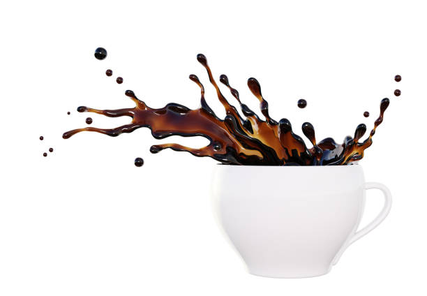 istock Splash of coffee or tea or hot chocolate in a white cup, isolated on white background, 3D rendering. 1421571053