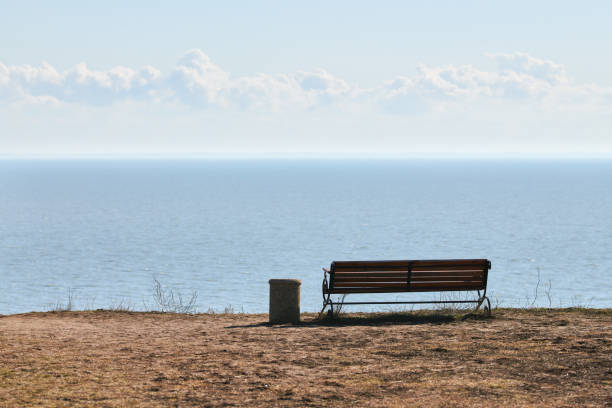 istock Empty bench with trashcan on cliff before sea background, peaceful quiet place for thinking alone 1421571706