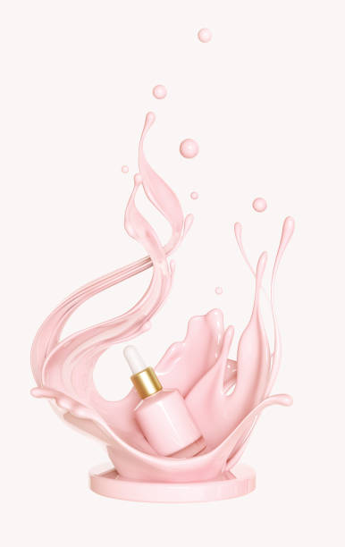 istock Moisturizing bottle. Liquid makeup foundation bottle with cosmetic cream splash. Cosmetic product template. Dropper for branding on podium in pink liquid splash. Blank label for branding. 3d rendering. 1421571808