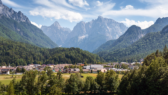 Kranjska Gora town in Slovenia at summer with beautiful nature and mountains in the background