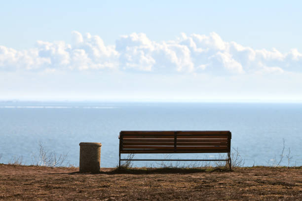 istock Empty bench with trashcan on cliff before sea background, peaceful quiet place for thinking alone 1421571863