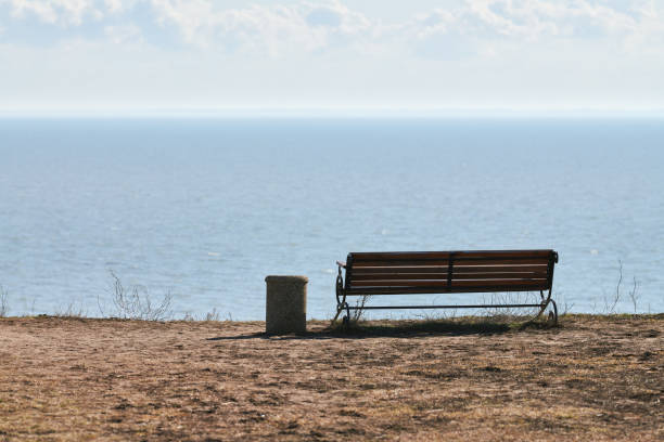 istock Empty bench with trashcan on cliff before sea background, peaceful quiet place for thinking alone 1421571875