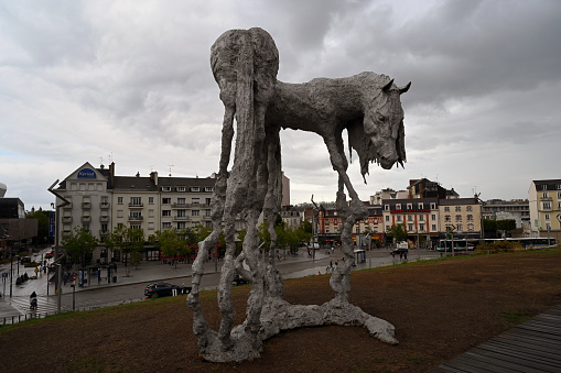 Two-headed horse by Jean-Marie Appriou overlooking the station square of Rennes in Brittany