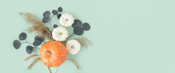 Autumn composition. Green desk with pumpkins and eucalyptus branch. Flat lay, top view, copy space. Nordic, hygge, cozy home concept. Thanksgiving fall decoration. Halloween Modern Invitation Mock up.