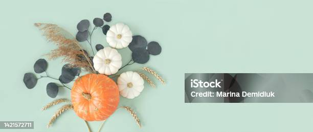 Autumn Composition Green Desk With Pumpkins And Eucalyptus Branch Flat Lay Top View Copy Space Nordic Hygge Cozy Home Concept Thanksgiving Fall Decoration Halloween Modern Invitation Mock Up Stock Photo - Download Image Now