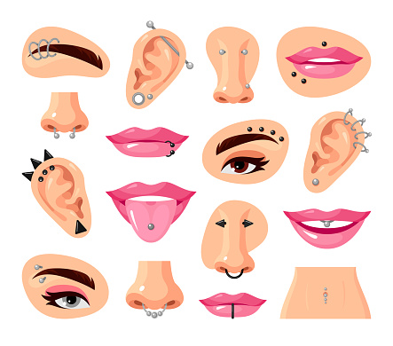Piercing on woman face body parts set vector flat illustration. Metallic earrings in nose ears eyebrows lips tongue and navel. Titanium rings steel barbell cone decorative bijouterie fashion accessory