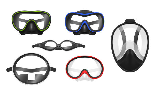 tauchmasken setzen realistische vektorillustrationen. unterwasser-schwimmbrille schnorcheln - swimming goggles stock-grafiken, -clipart, -cartoons und -symbole