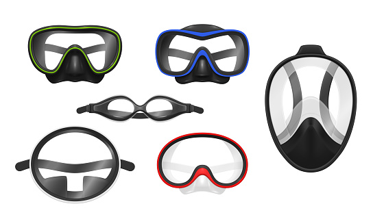 Scuba diving masks set realistic vector illustration. Underwater swimming goggles diver costume for snorkeling. Face eyes rubber glass protection from water extreme sport nautical hobby equipment
