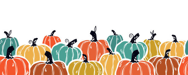 illustrazioni stock, clip art, cartoni animati e icone di tendenza di delizioso motivo senza cuciture del ringraziamento disegnato a mano con zucche e girasoli, ottimo per tessuti, tovaglia, involucro, striscioni, sfondi - design vettoriale - pumpkin autumn pattern repetition