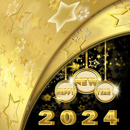 Happy New Year 2024. Golden and black background with star shapes and snowflakes.