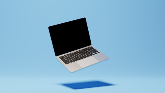 Maqueta de computadora portátil con pantalla vacía negra, cuerpo de aluminio. Maqueta de renderizado 3D de PC genérico. Tecnología, comunicación, internet, digital. Diseño creativo para publicidad, fondo azul. photo