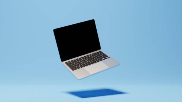 istock Laptop computer mockup with black empty screen, aluminum body. 3D render mock up of generic pc. Technology, communication, internet, digital. Creative design for advertisement, blue background. 1421579922