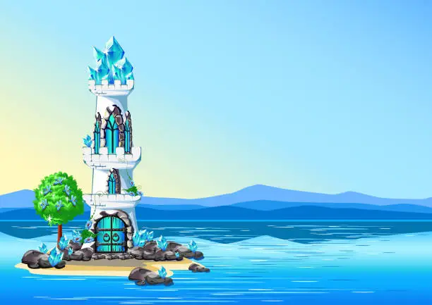 Vector illustration of Fairy tower with blue crystals