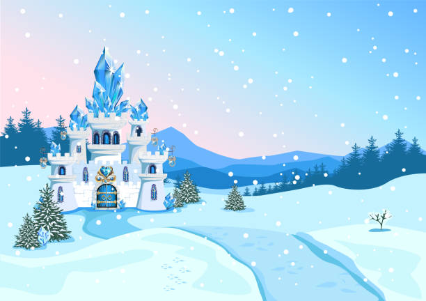 winter castle Winter castle for beautiful princess in cartoon style. Vector illustration of a fairy tale castle on a winter landscape with mountains and snowfall. cartoon palace stock illustrations
