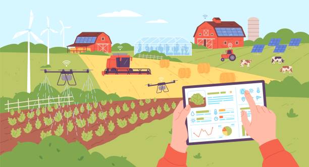 Smart farming management. Digital control agriculture and weather monitoring from internet tablet computer, drone iot technology farming equipments, garish vector illustration Smart farming management. Digital control agriculture and weather monitoring from internet tablet computer, drone iot technology farming equipments, garish vector illustration of agriculture farming precision agriculture stock illustrations