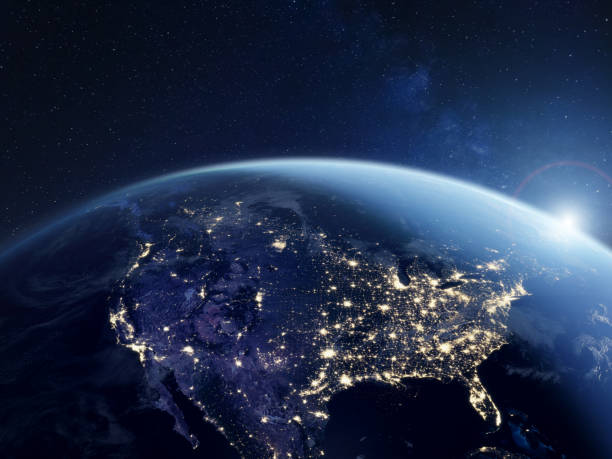 l'america di notte vista dallo spazio con le luci della città che mostrano l'attività negli stati uniti. rendering 3d del pianeta terra. elementi della nasa. tecnologia, comunicazione globale, mondo. usa. - north american foto e immagini stock