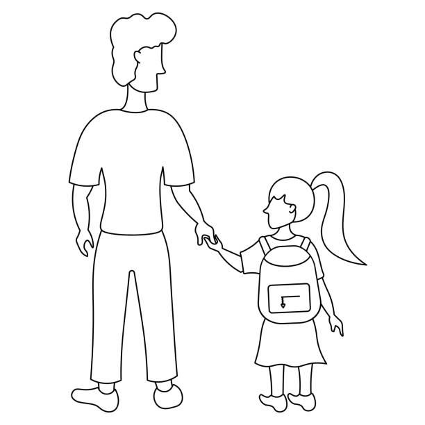 illustrations, cliparts, dessins animés et icônes de papa conduit sa fille à l’école par la main, vue du dos d’un enfant et d’un parent dans un style griffonnage - men suit holding human finger