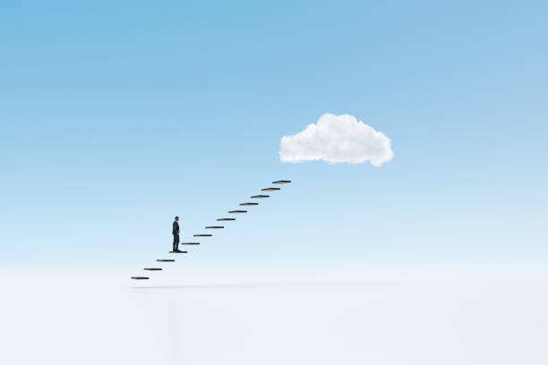 The concept of difficulty in reaching to success, geometric shapes and a business people, Isolated on light blue background with copy space. Digitaly generated image.