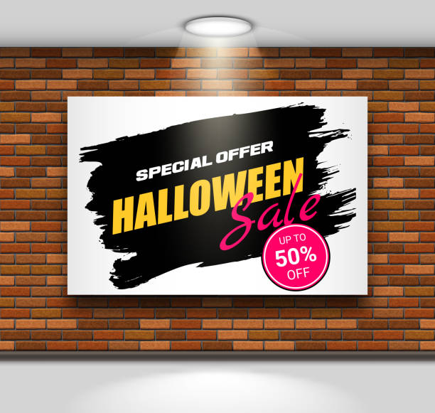 billboard- oder banner-design-vorlage mit halloween-verkaufsanzeige auf ziegelwandhintergrund. realistische 3d-vektorillustration - subway station billboard poster billboard posting stock-grafiken, -clipart, -cartoons und -symbole