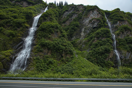 Bridal veil falls at Richardson Highway near Valdez in Alaska, United States,North America