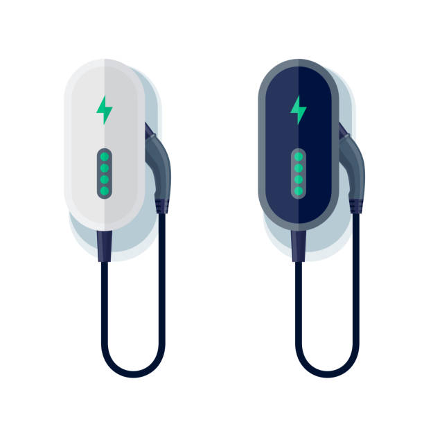 ilustraciones, imágenes clip art, dibujos animados e iconos de stock de cargador de pared pequeña para casa aislada para coches eléctricos - estación de carga eléctrica