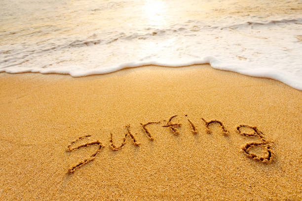 istock The word Surfing written in the sand on beach 1421590656