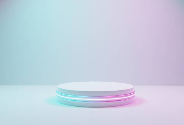 istock Pastel background with pedestal with neon pink and blue light in white room, empty space for product presentation. 3D render, 3D illustration 1421591750