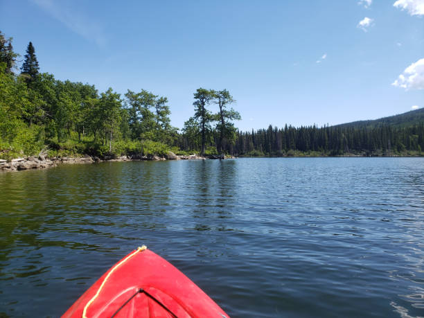 istock Bow of a red kayak floating on a lake 1421593485