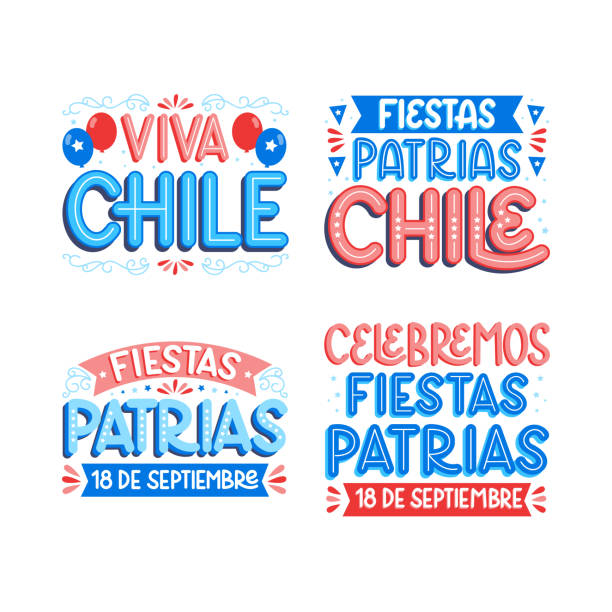ilustraciones, imágenes clip art, dibujos animados e iconos de stock de colorido lettering chileno fiestas patrias set vector ilustración. - copihue