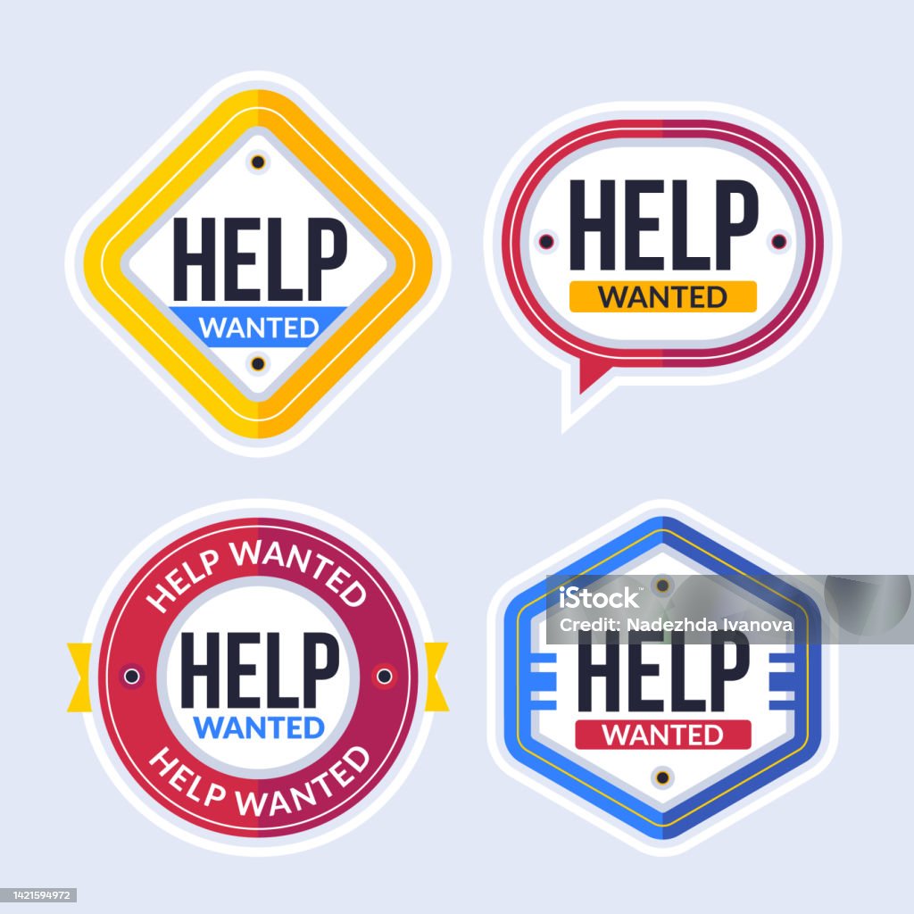 Help Wanteddrawing Flat Design Help Wanted Badges Design Vector Illustration Stock ...
