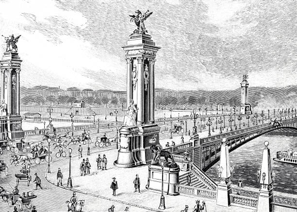 Paris, Alexander III bridge Illustration from 19th century. pont alexandre iii stock illustrations