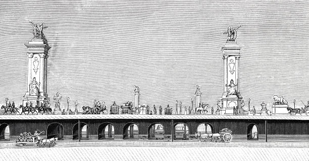 Paris, Alexander III bridge Illustration from 19th century. pont alexandre iii stock illustrations