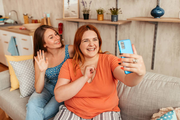 istock Two Female Friends Having A Video Call On The Sofa 1421596133