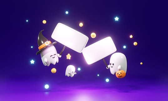 3D Rendering of cute little ghost holding blank sign concept of Halloween background for commercial advertising design. 3d render cartoon style.