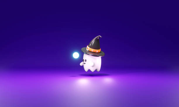 istock 3D Rendering of cute little ghost looking at magic light concept of Halloween background. 3d render cartoon style. 1421596199