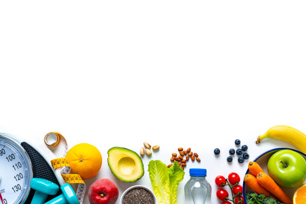 istock Exercising, healthy food and weight control border 1421598369