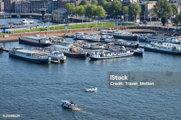 Aerial View Of Boats At Oosterdok Waterfront On A Summer Day Amsterdam Stock Photo - Download Image Now