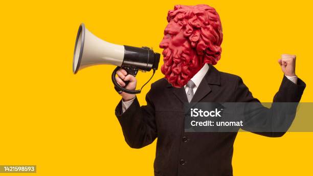 Abstract Modern Collage The Man With The Plaster Head Of David With A Megaphone On Yellow Background Stock Photo - Download Image Now