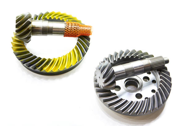 샤프트 및 기어 금속 나선형 베벨 절연 흰색 - spiral bevel gear 뉴스 사진 이미지