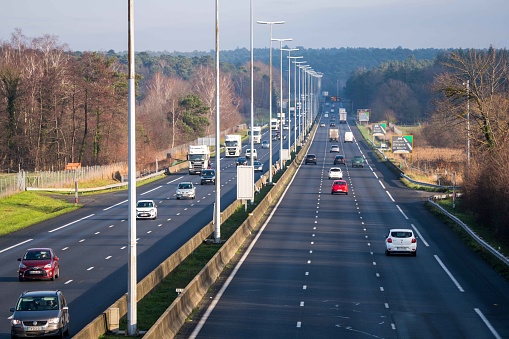 Mortefontaine, France - December 30, 2020: Traffic on the A1 Highway in France