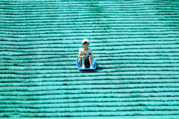 Japanese student girl on the grass sledge (7 years old)